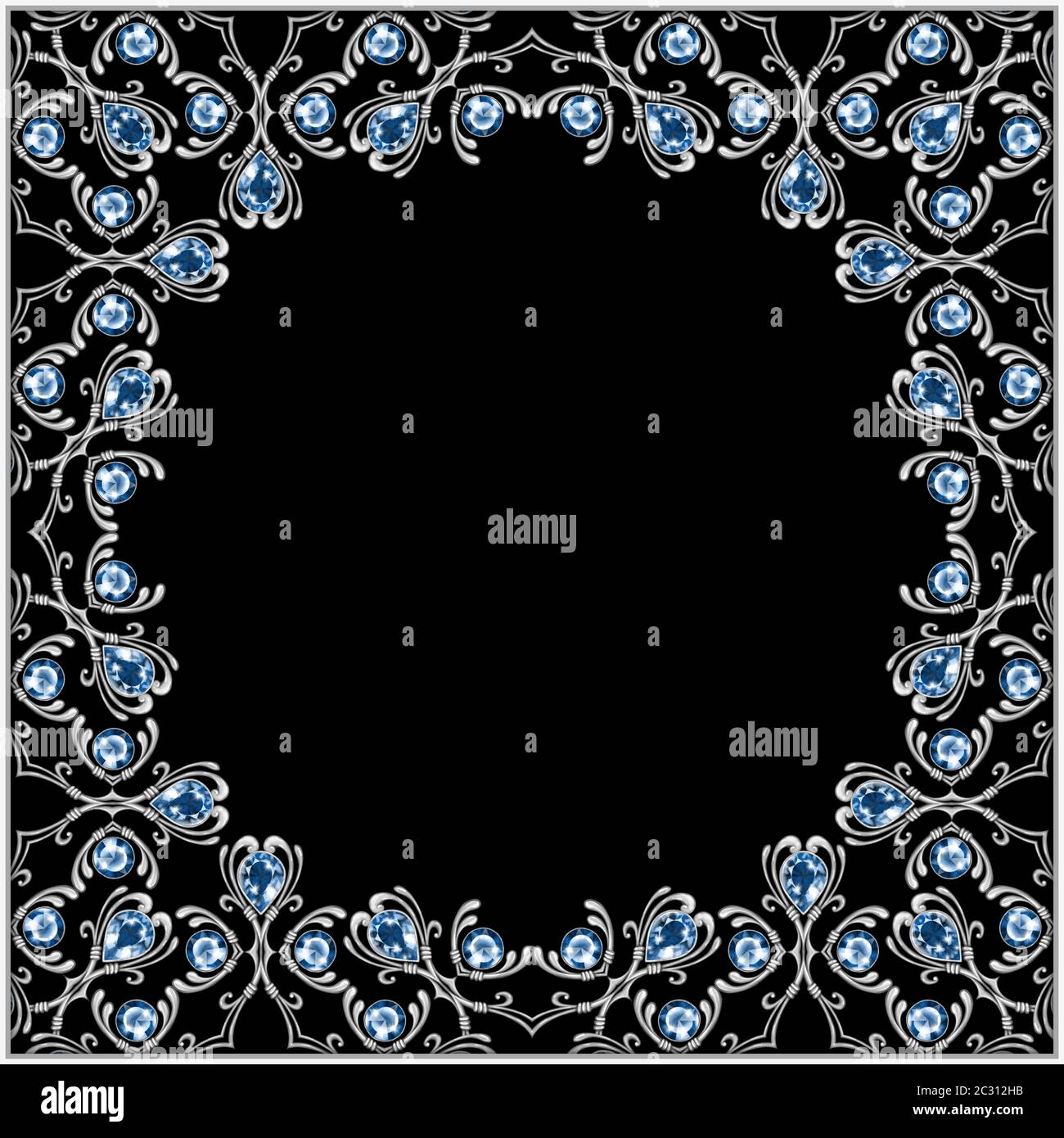 Vintage silver background with blue gems, square jewelry frame with ...