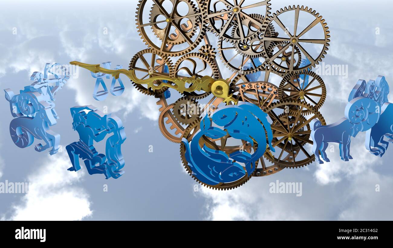 Zodiac horoscope, 12 zodiac signs and a clockwork. 3D rendering Stock