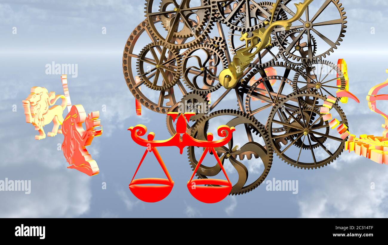 Zodiac horoscope, 12 zodiac signs and a clockwork. 3D rendering Stock