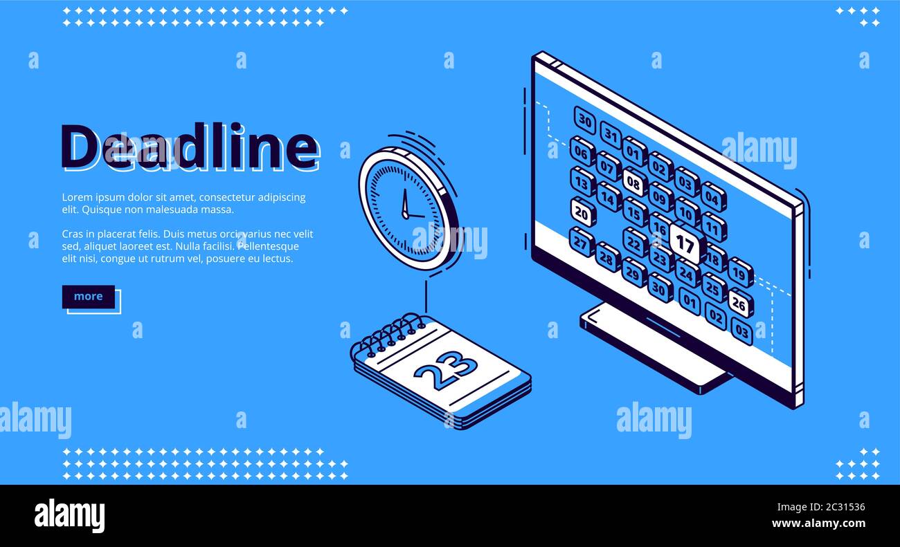 Deadline isometric landing page, computer desktop with browser page on