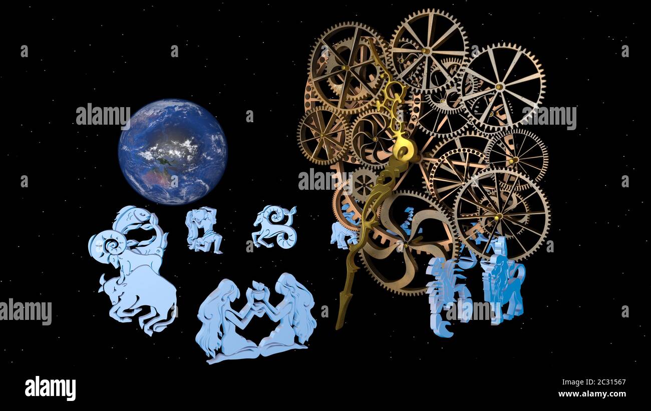 Zodiac horoscope, 12 zodiac signs and a clockwork. 3D rendering Stock