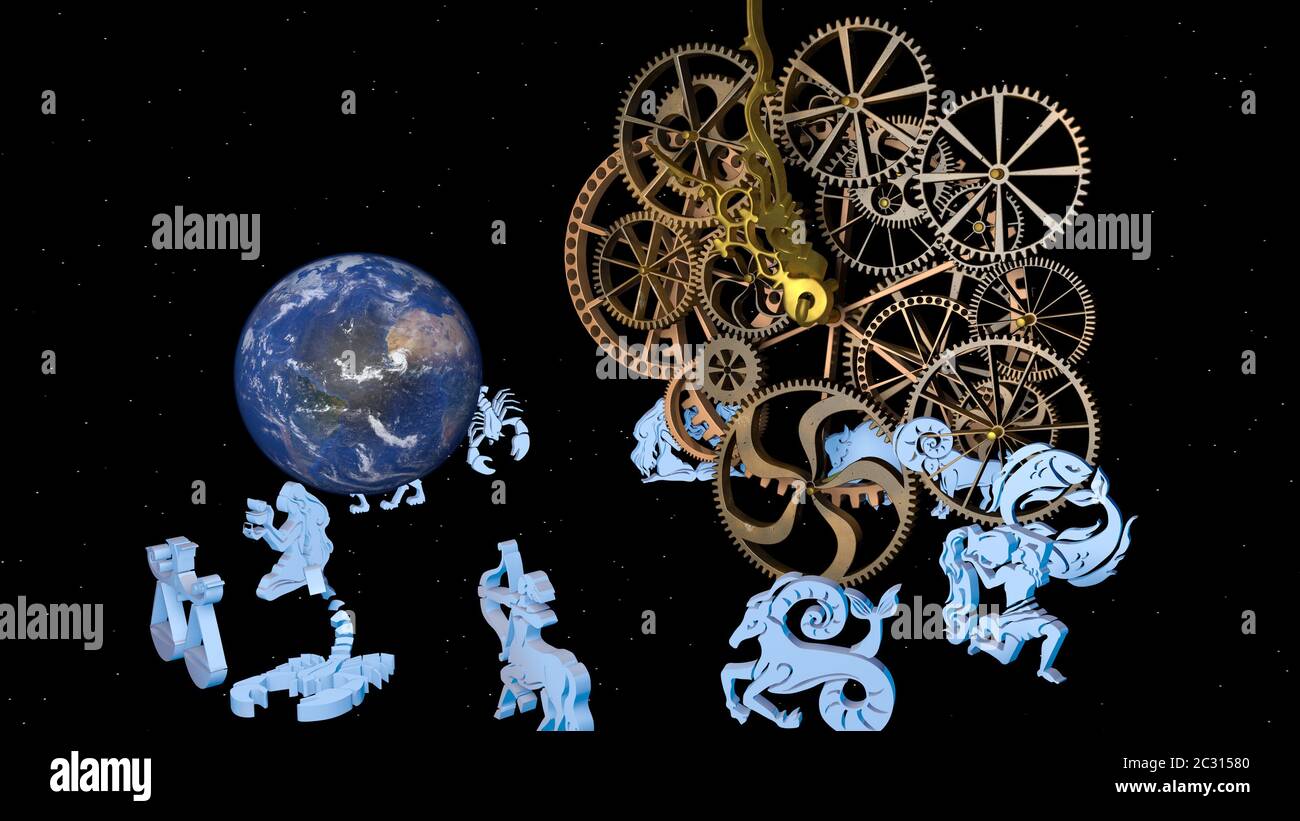 Zodiac horoscope, 12 zodiac signs and a clockwork. 3D rendering Stock