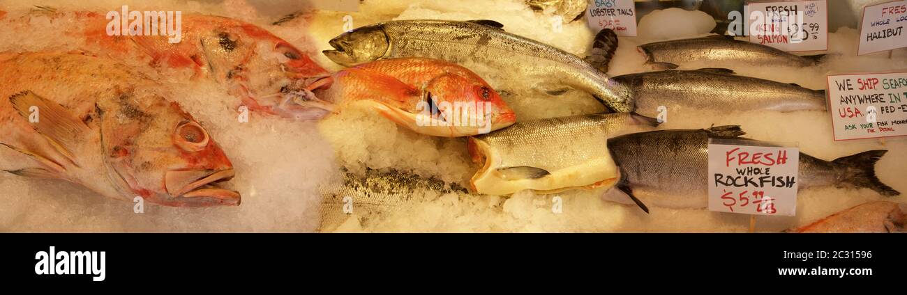 Fish at Pike Place Market stall, Seattle, Washington, USA Stock Photo