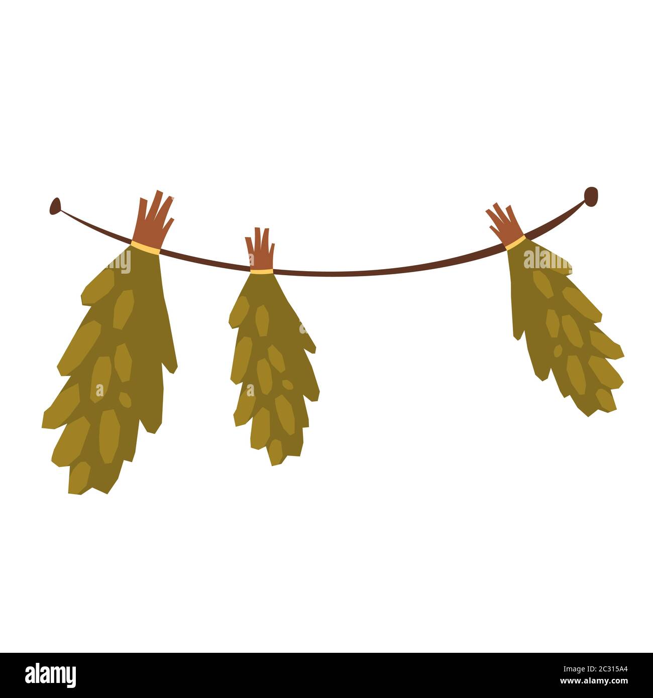 Hanging birch brooms for traditional russian banya or finland sauna. Vector cartoon illustration of bunches of medical herbs for alternative therapy i Stock Vector