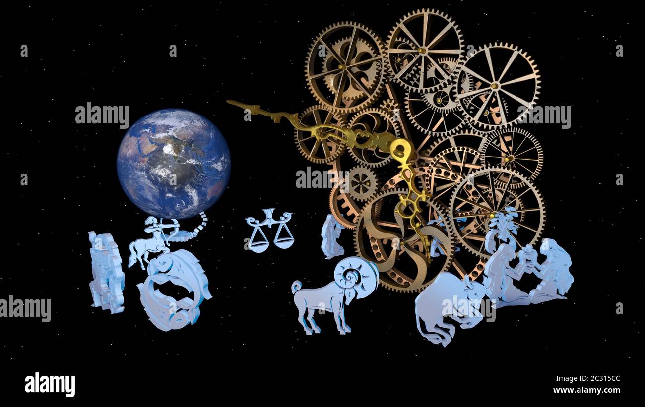 Zodiac horoscope, 12 zodiac signs and a clockwork. 3D rendering Stock