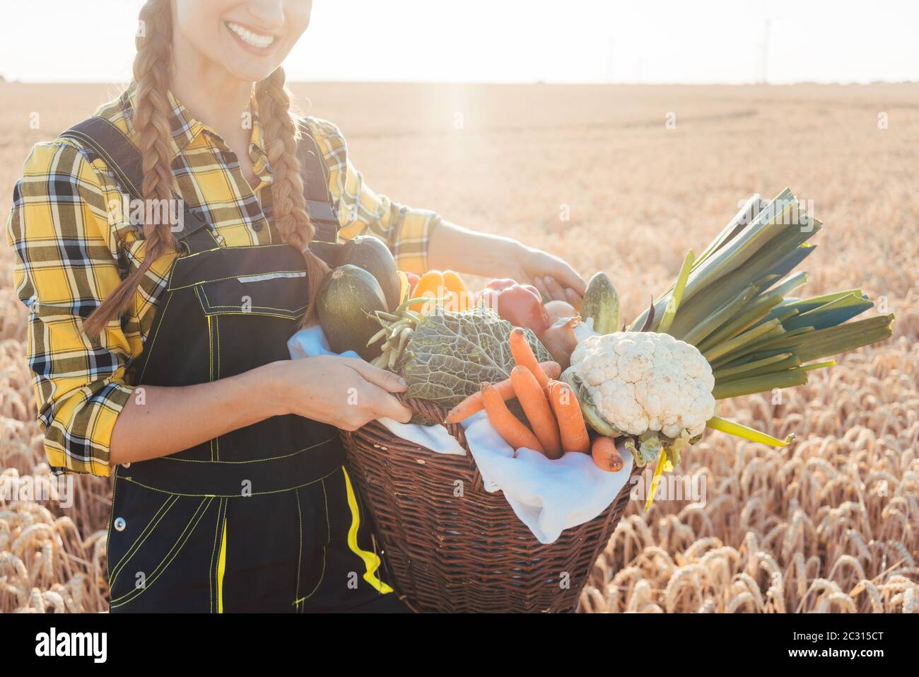 Farmer woman offering healthy vegetables in rural environment Stock ...