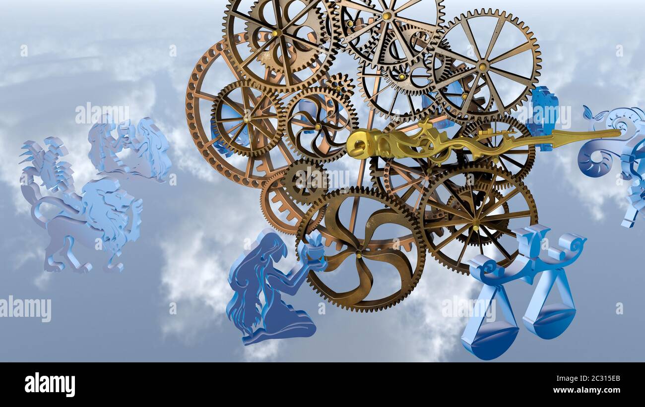 Zodiac horoscope, 12 zodiac signs and a clockwork. 3D rendering Stock