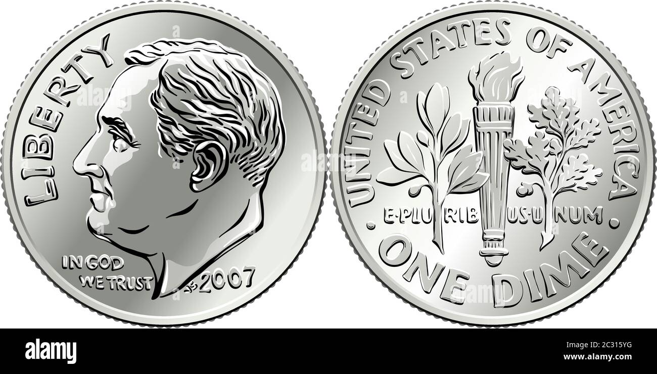 Roosevelt dime, United States one dime or 10-cent silver coin, President Franklin Roosevelt on obverse and olive branch, torch, oak branch on reverse Stock Vector