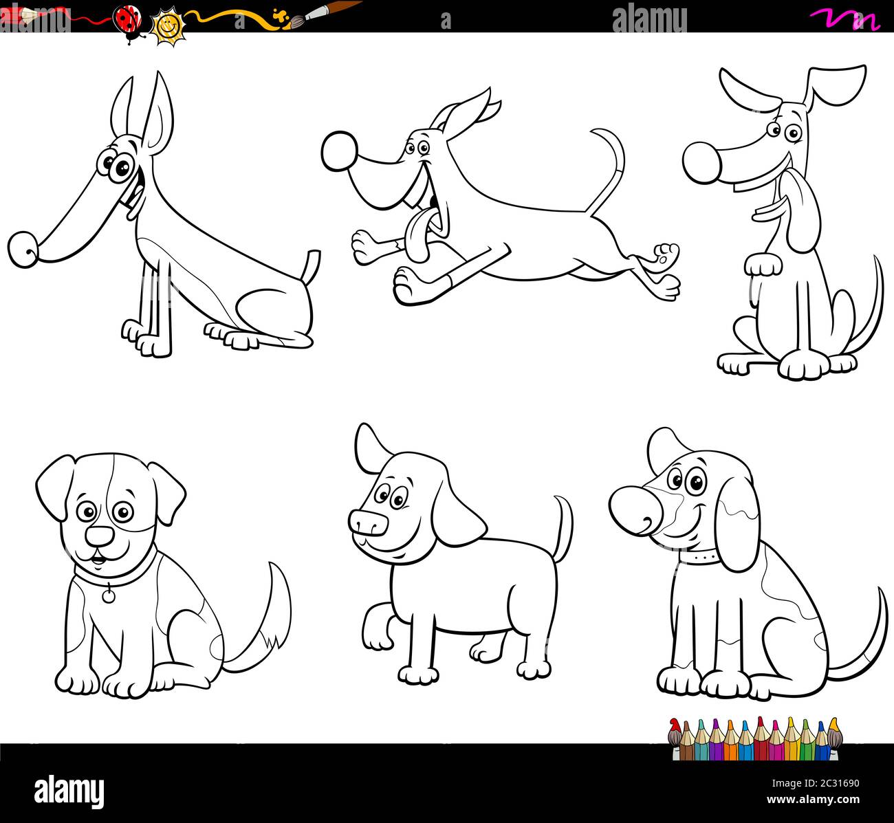 cartoon dogs and puppies coloring book page Stock Photo - Alamy