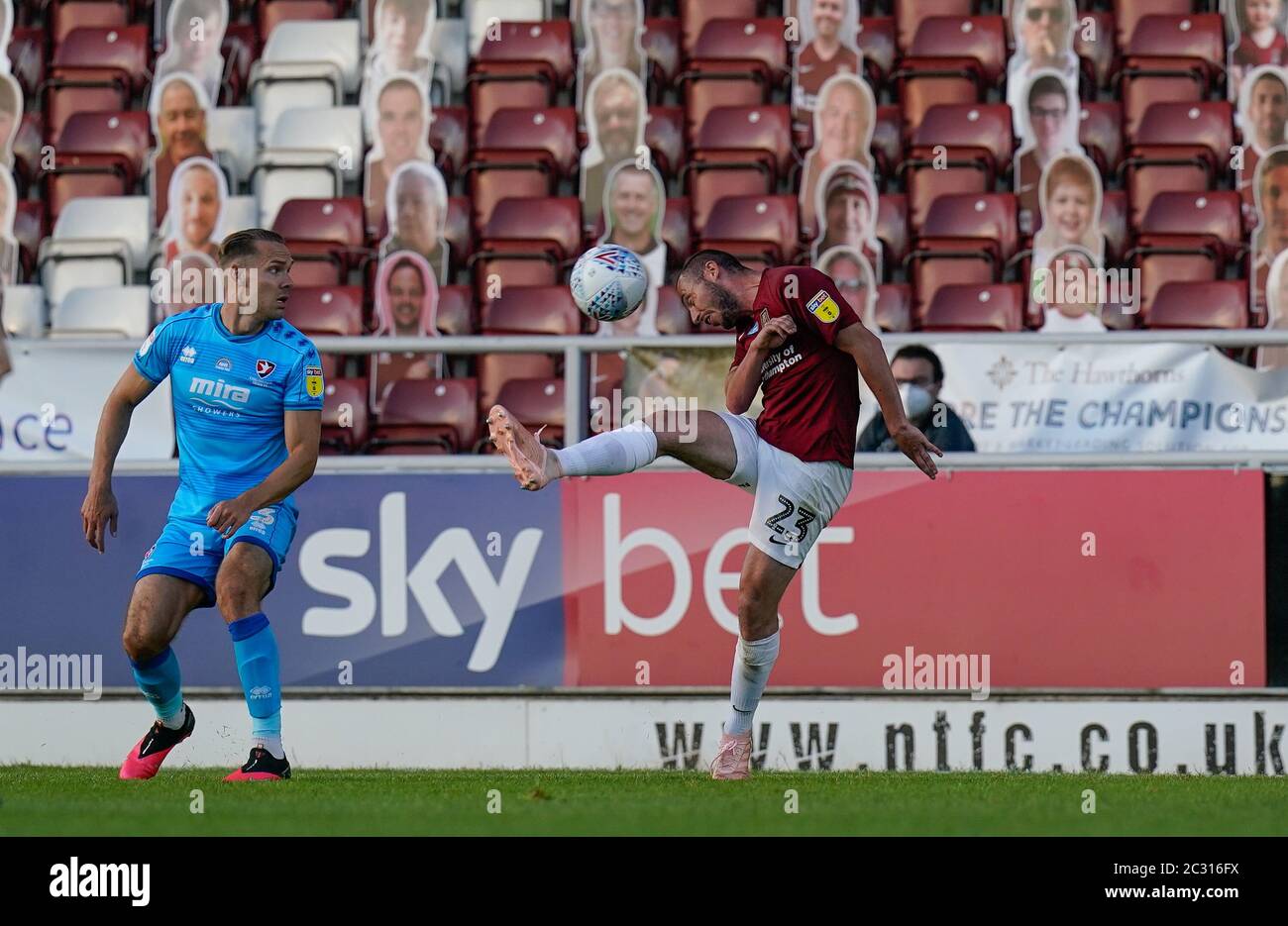 Northampton, UK. 18th June, 2020. Michael Harriman of Northampton Town & Chris Hussey of Cheltenham Town during the Sky Bet League 2 Play Off Semi Final first leg match between Northampton Town and Cheltenham Town at Sixfields Stadium, Northampton on 18 June 2020. Photo by David Horn. Credit: PRiME Media Images/Alamy Live News Stock Photo