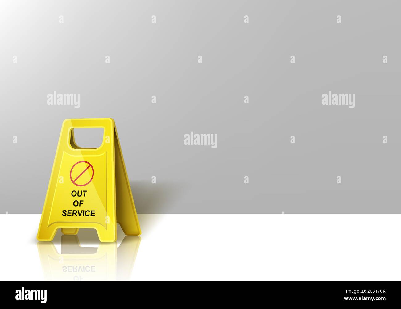 Caution yellow warning sign with out of service inscription stand on white floor front of empty grey wall background, banner for broken lifts or eleva Stock Vector