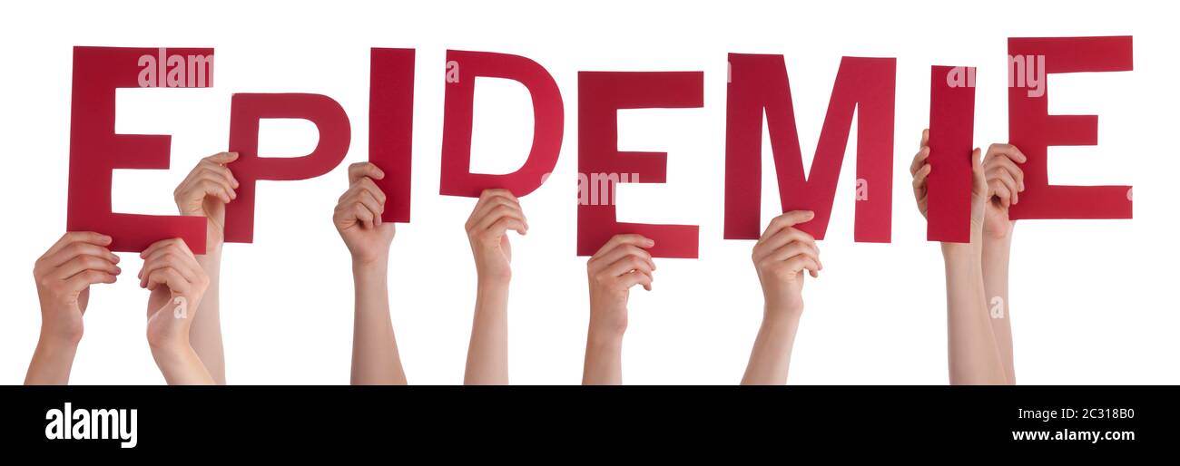 People Hands Holding Red German Word Epidemie Means Epidemic. White Isolated Background Stock Photo