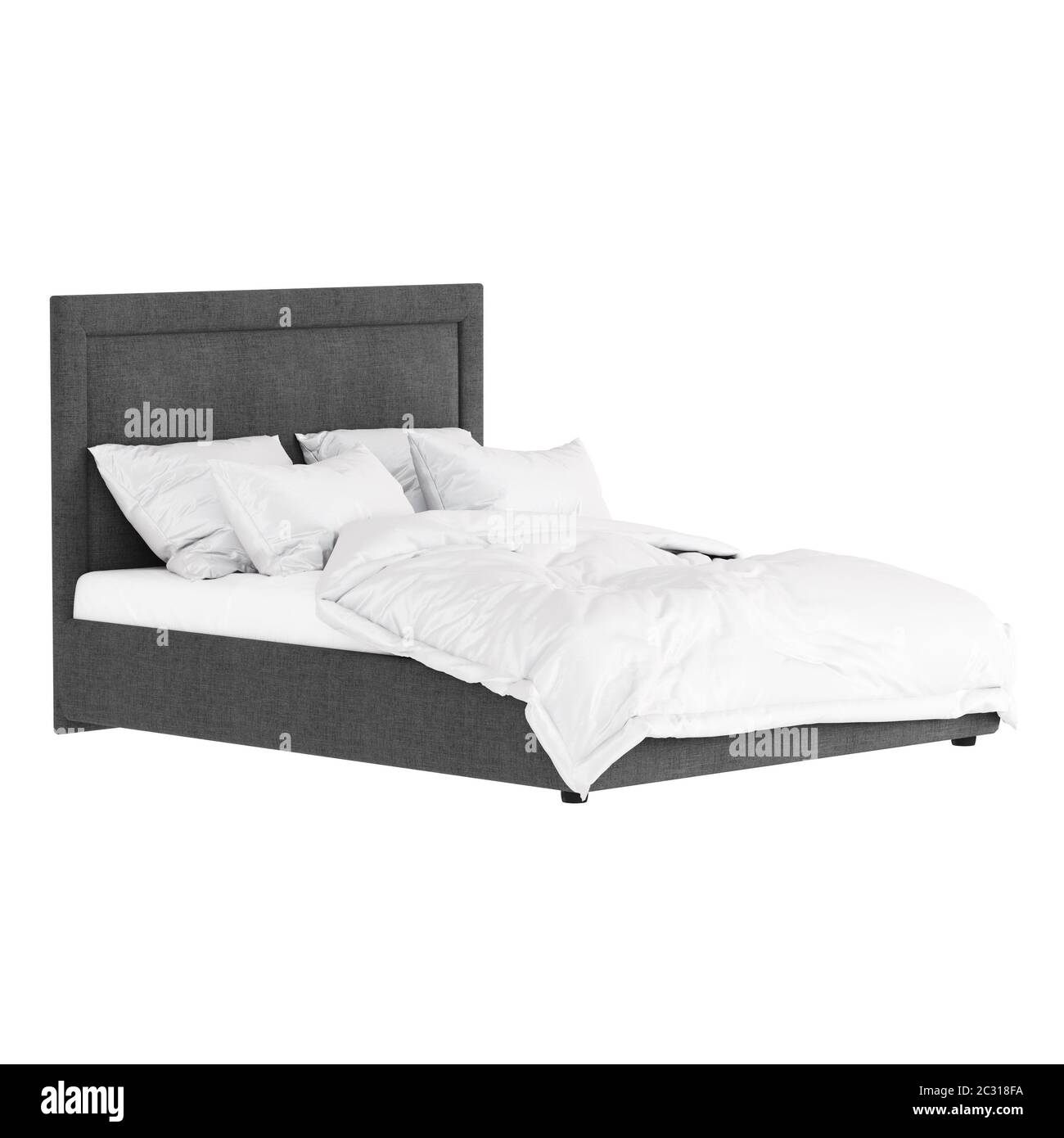 Gray soft double bed with fabric upholstery and white bedding on a