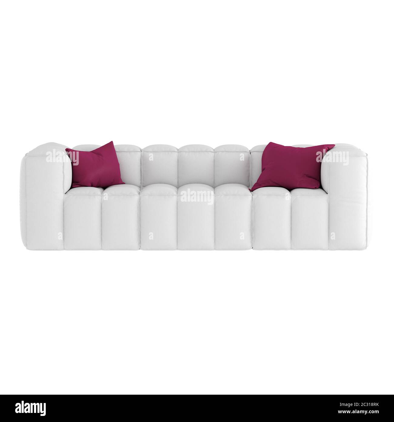 White soft leather sofa with purple pillows on a white background. 3d