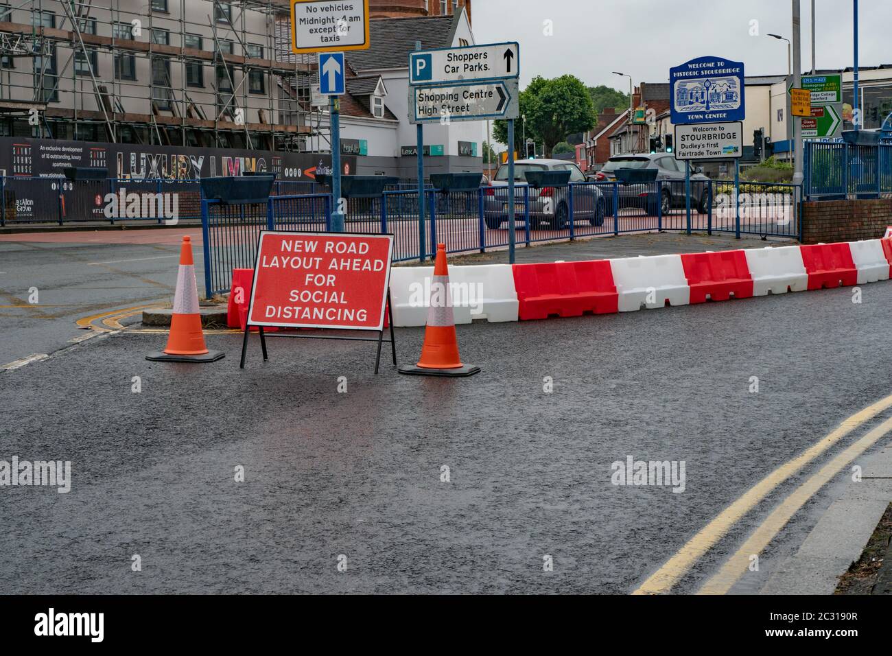 New Road layout ahead sign for social distancing. Stourbridge. West Midlands. UK Stock Photo
