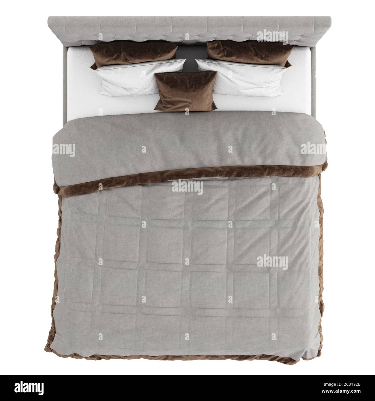 Gray bed with a high quilted headboard and graywhite bedding with a