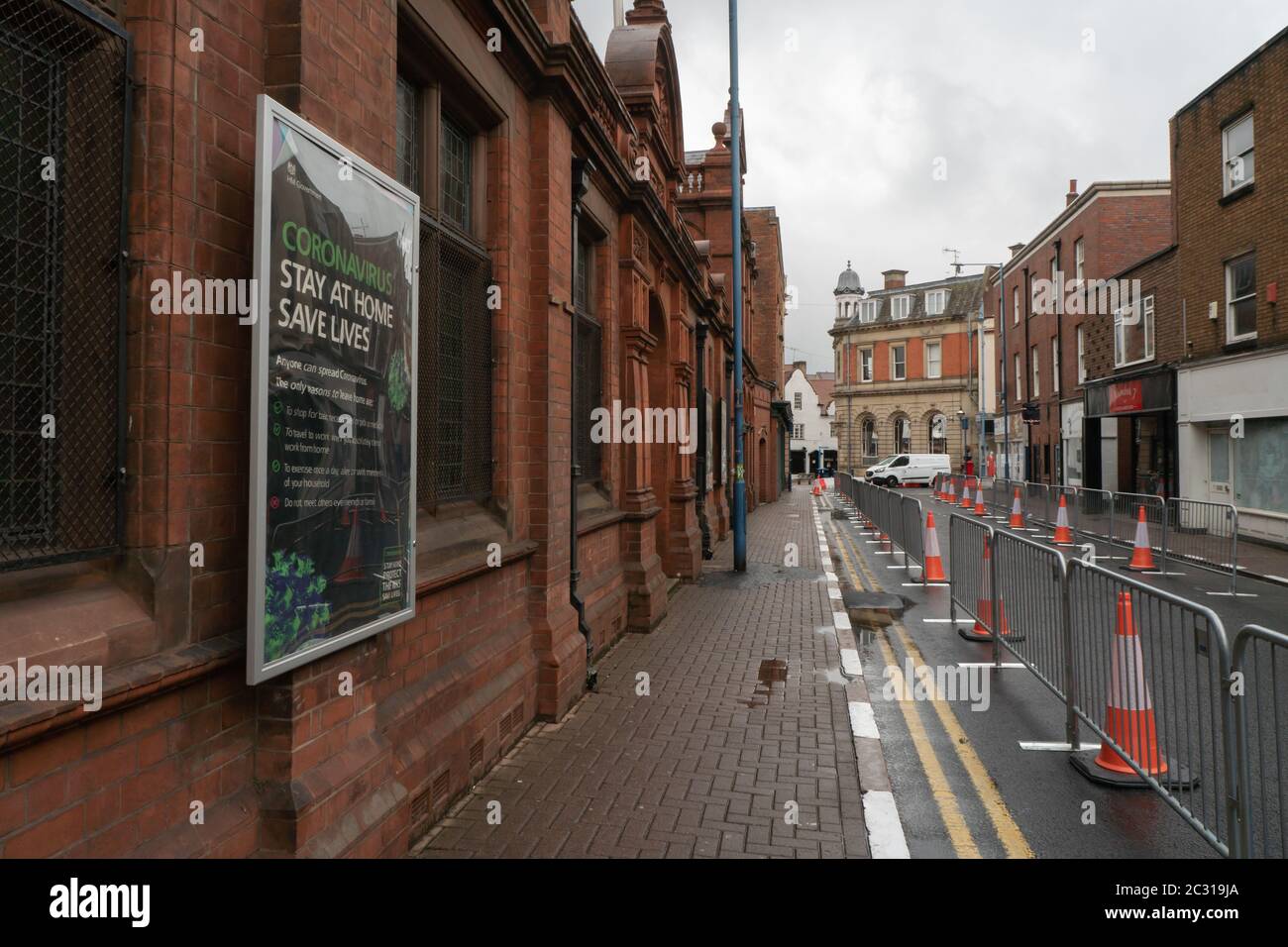 Stay at home sign and pedestrianisation in Market Street, Stourbridge. June 18th 2020. Covid-19 Pandemic. West Midlands. UK Stock Photo