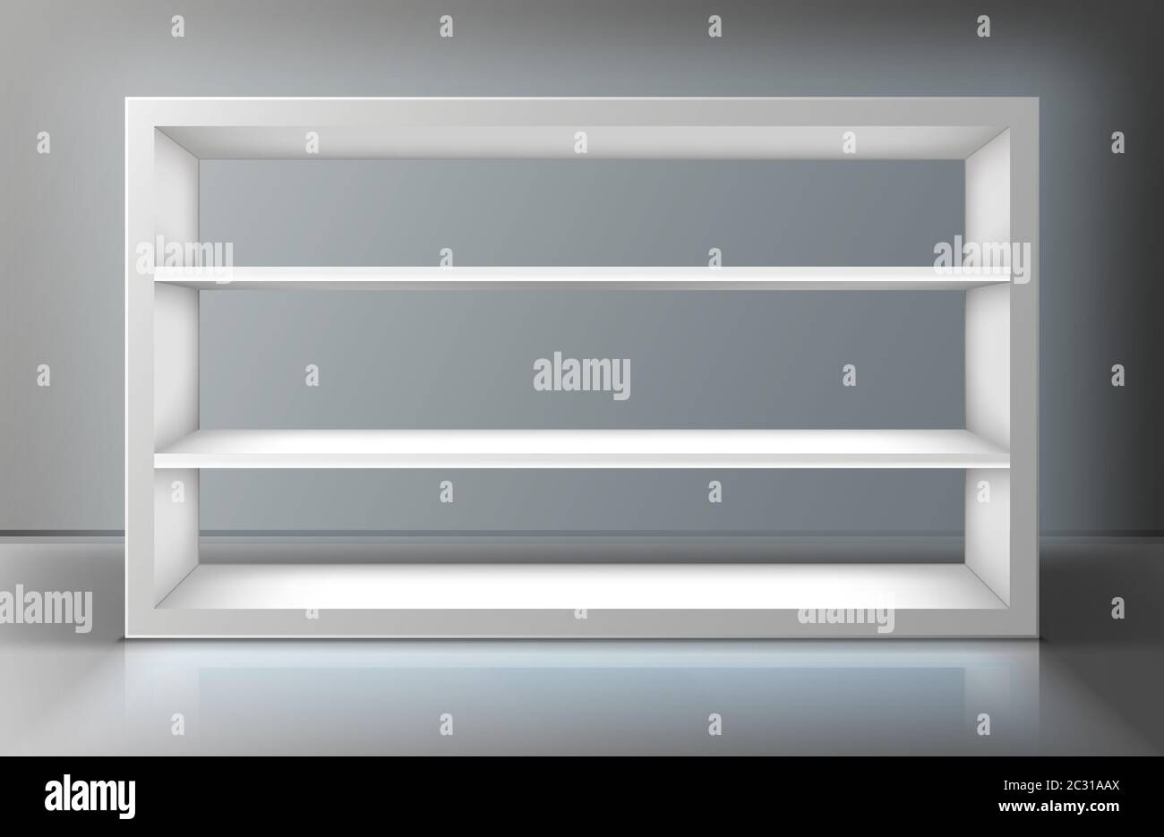 White showcase with shelves in shop, boutique or gallery. Vector realistic mockup of empty display stand, rack or bookshelf for presentation products Stock Vector