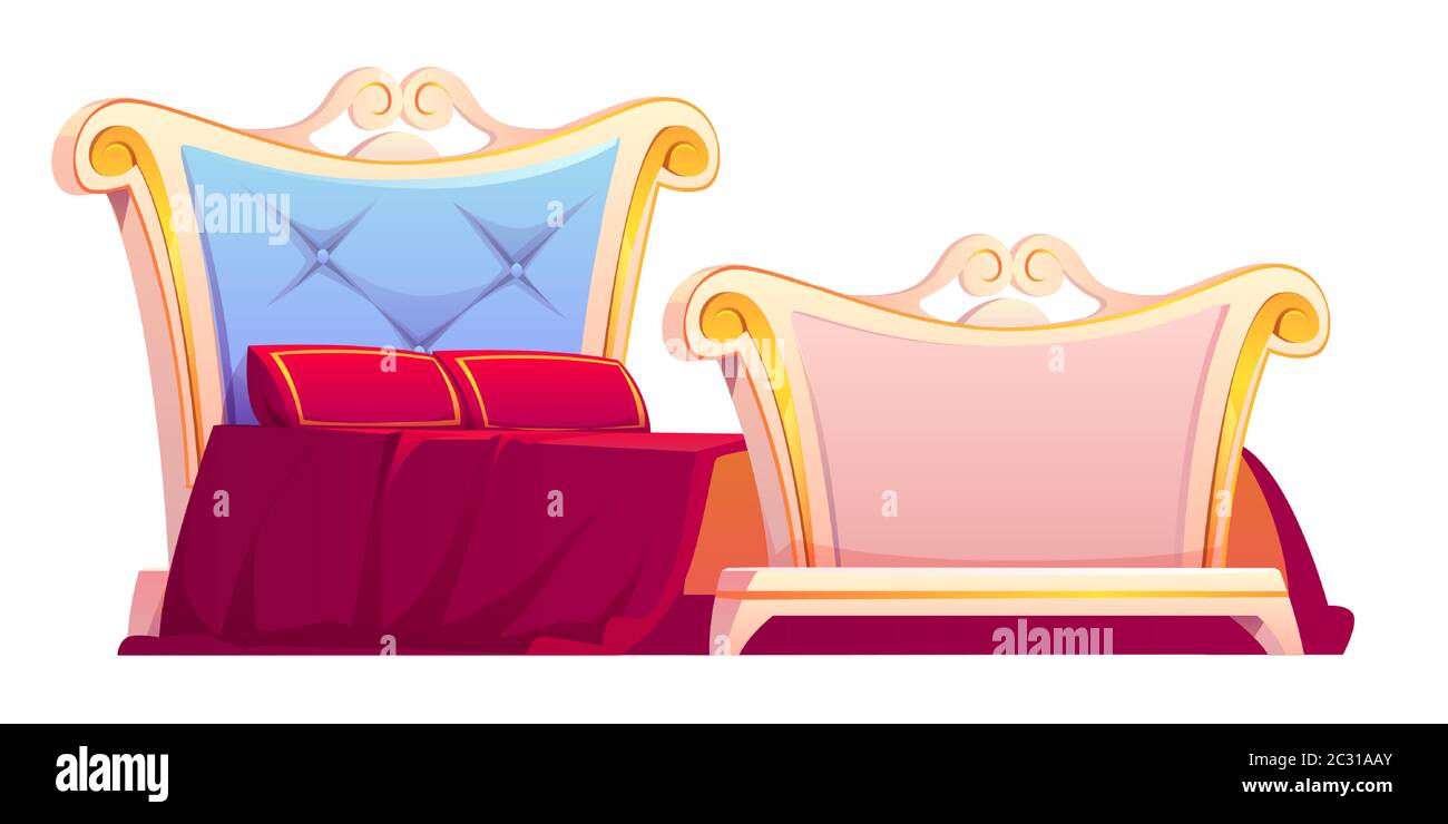 Royal bed with red blanket and pillows. Vector cartoon illustration of old bedroom furniture, vintage golden sleeping place for luxury home or hotel i Stock Vector