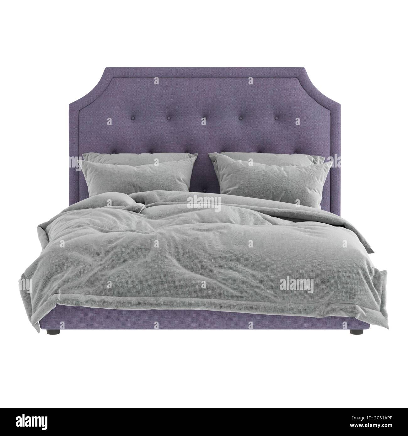 Soft lilac double bed with a high quilted headboard with gray bed linen