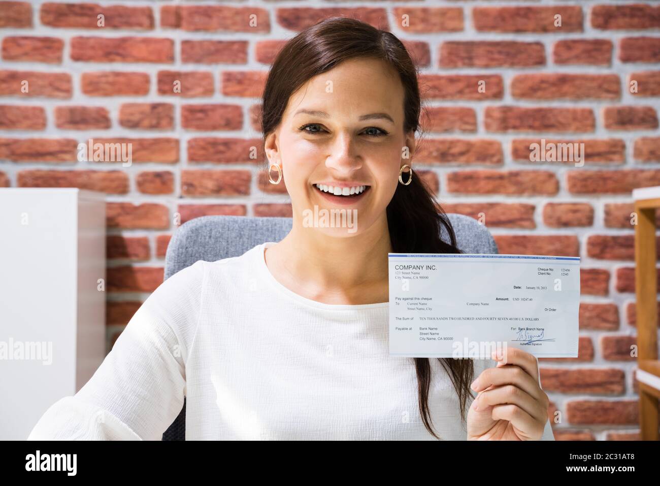 Boss Holding Payroll Bank Check. Salary Paycheck Stock Photo Alamy