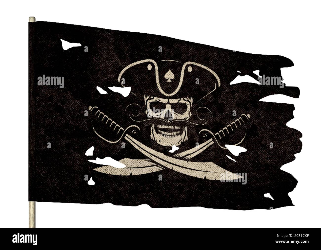 Waving torn pirate flag with a jolly roger Stock Photo