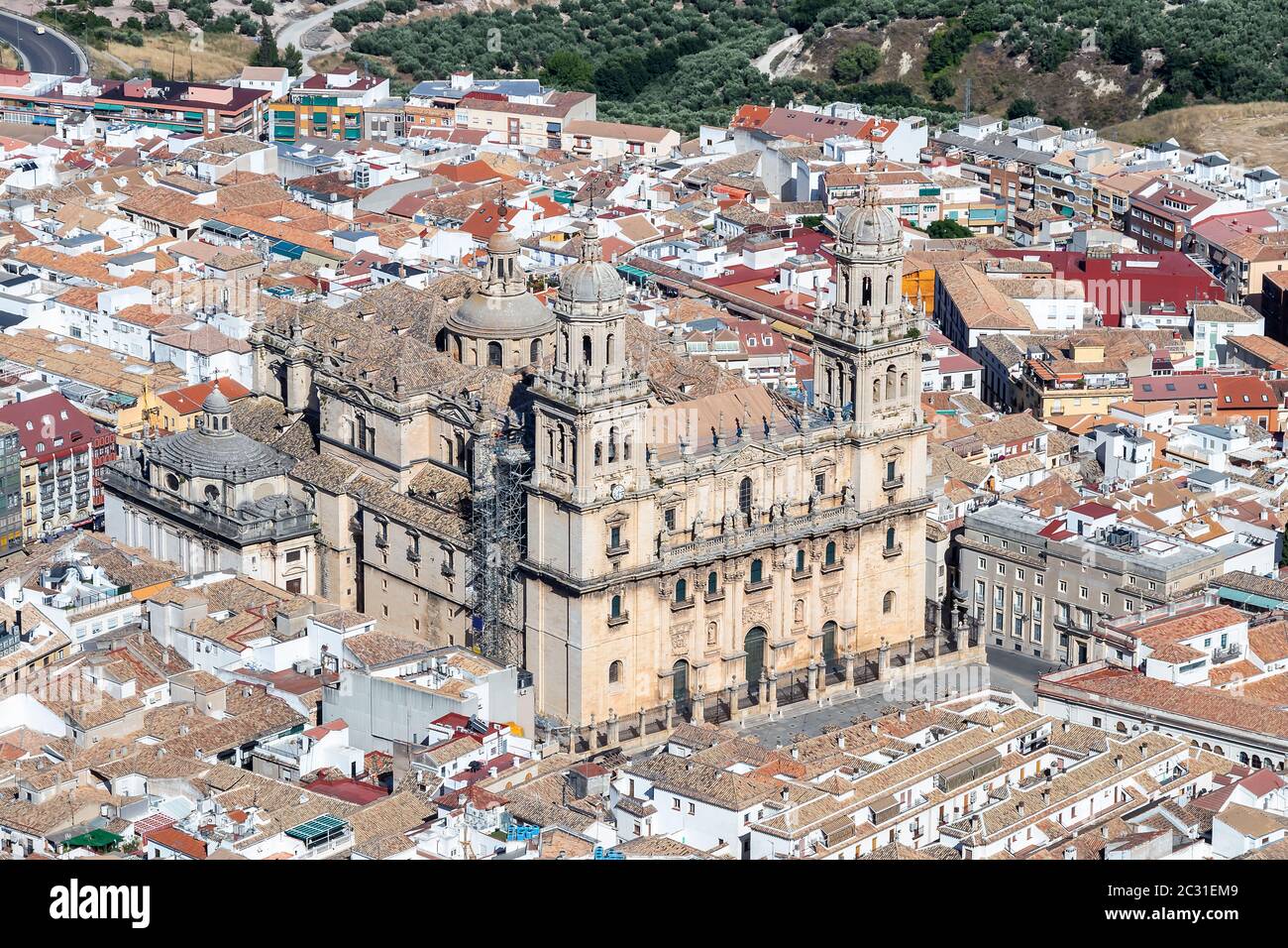 Aerial view of Jaen Cathedral under reconstruction Stock Photo