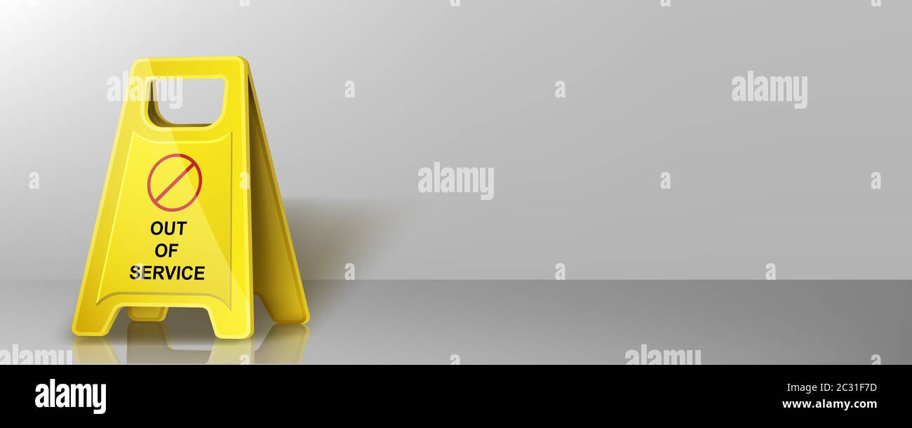 Caution yellow warning sign with out of service inscription stand on gray floor front of empty grey wall background, banner for broken lifts or elevat Stock Vector