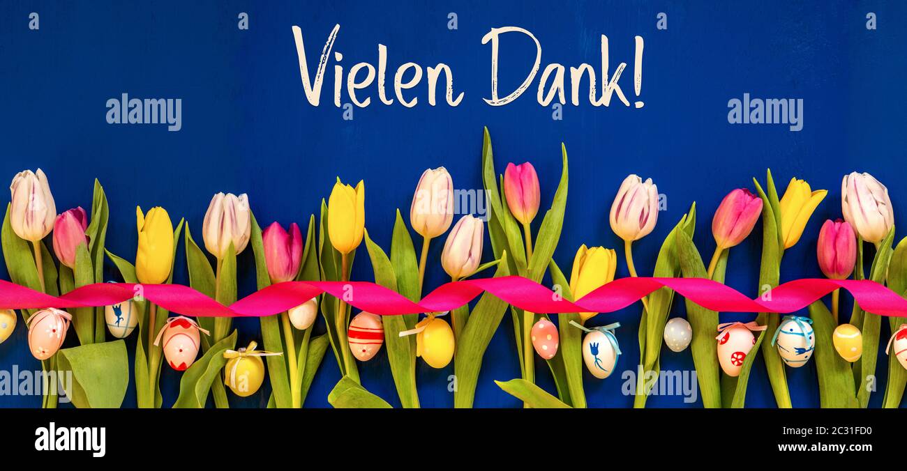 German Text Vielen Dank Means Thank You. Banner Of White And Pink Tulip Spring Flowers With Ribbon And Easter Egg Decoration. Blue Wooden Background Stock Photo