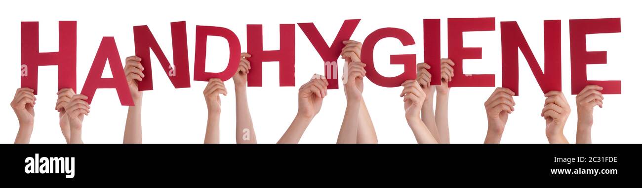 People Hands Holding Red German Word Handhygiene Means Hand Hygiene. White Isolated Background Stock Photo