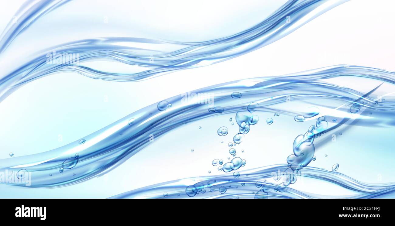 Fresh clean water flowing wave with bubbles and drops. Vector illustration  with realistic clear blue aqua splash, water background. Flow of pure liqui  Stock Vector Image & Art - Alamy