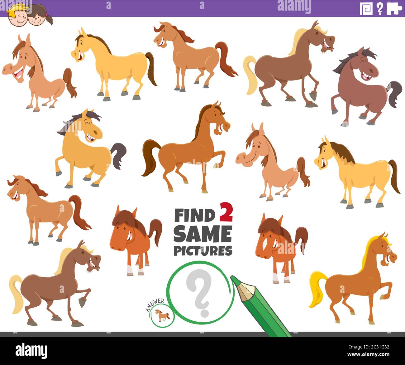 Cartoon Illustration of Finding Two Same Pictures Educational Task for ...