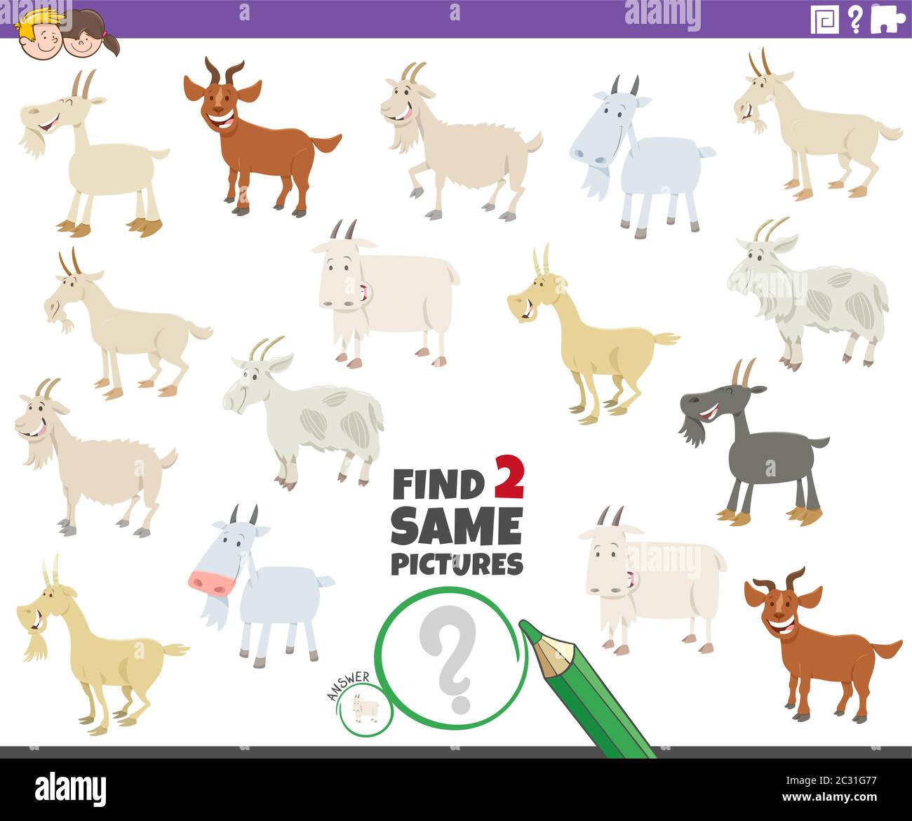 Cartoon Illustration of Finding Two Same Pictures Educational Task for ...