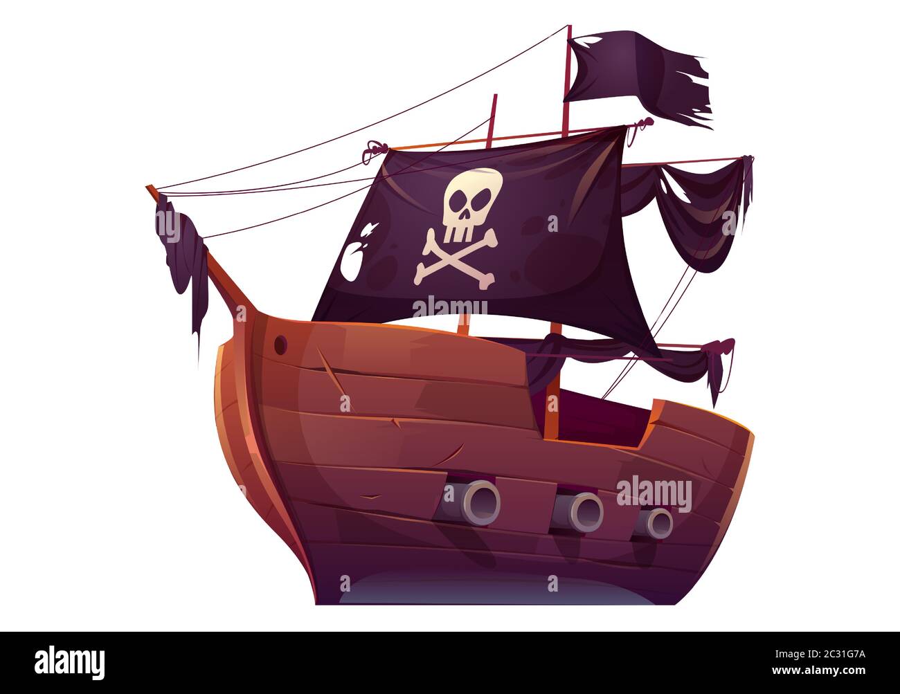 Vector wooden pirate boat with black sails. Corsair ship with black flag, cannons, skull and crossbones on canvas. Cartoon old wooden ship, vintage ga Stock Vector