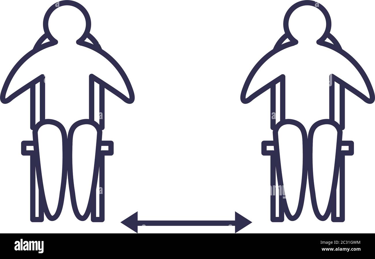 Social distancing between human avatars on chairs line style icon ...