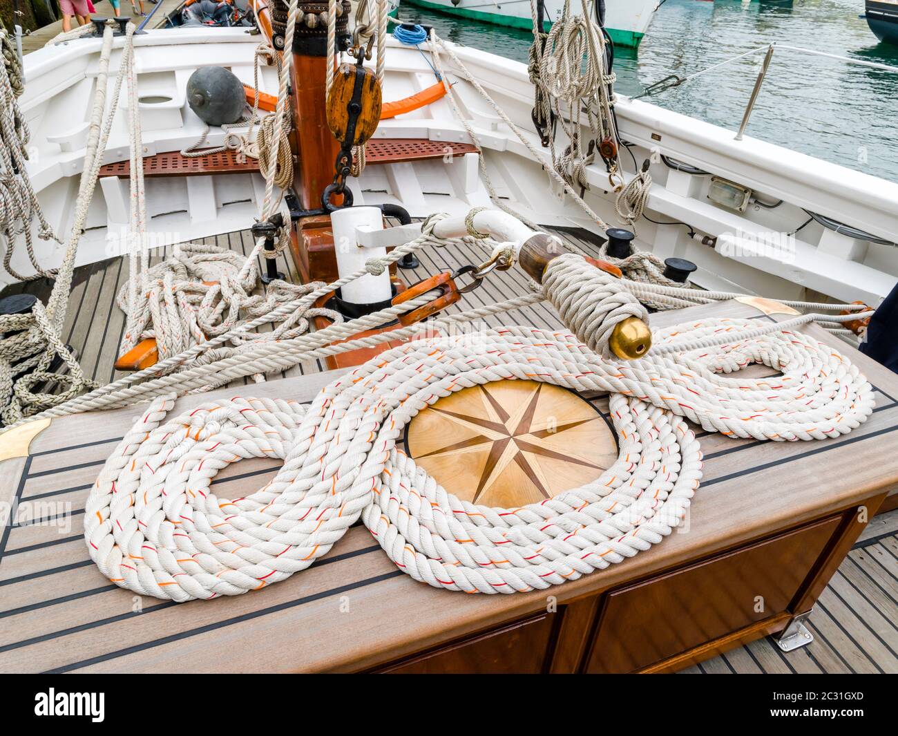 Tall ship chandlery in Rosmeur Harbor in Douarnenez city, Finistere, Brittany, France Stock Photo