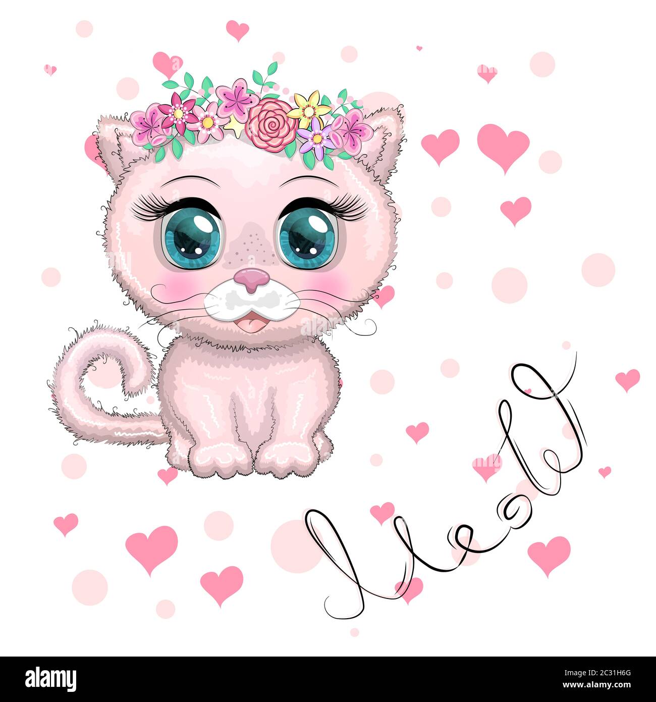 Cute cartoon pink cat, kitten on a background of flowers among butterflies  Stock Vector Image & Art - Alamy