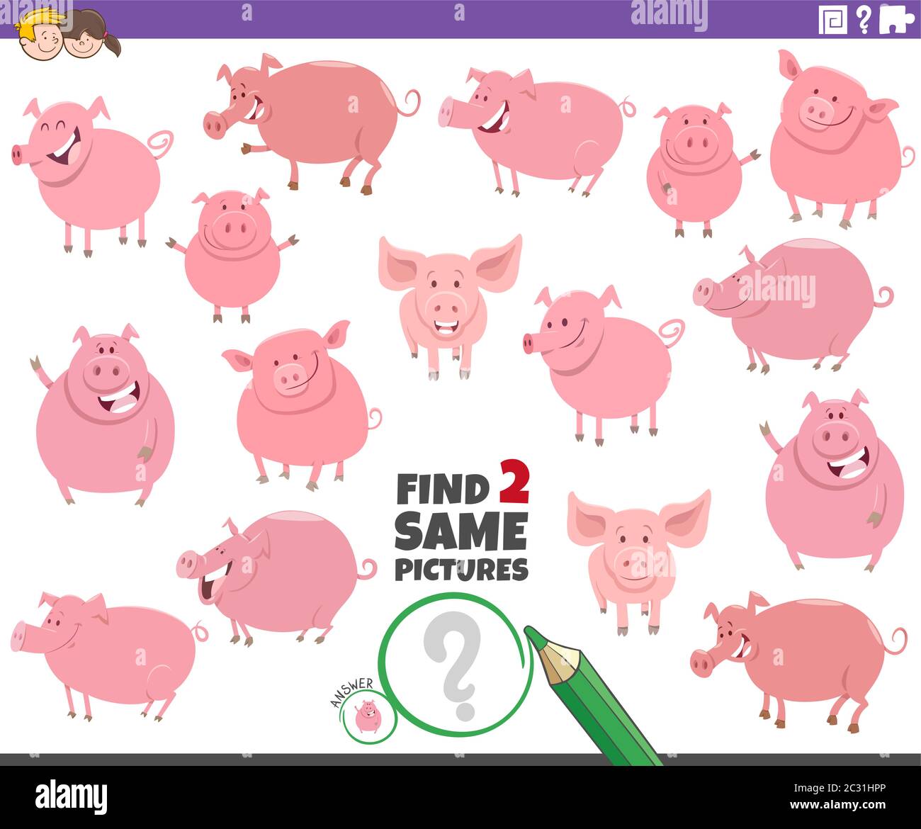 Cartoon Illustration of Finding Two Same Pictures Educational Task for ...