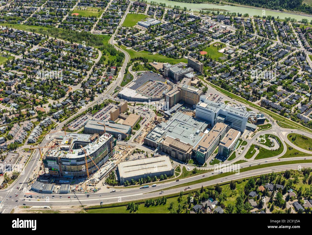 Aerial view of Foothills Medical Centre in Calgary, Alberta Canada with the new Cancer centre under construction. Stock Photo