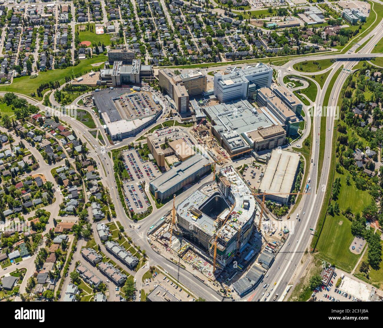 Aerial view of Foothills Medical Centre in Calgary, Alberta Canada with the new Cancer centre under construction. Stock Photo