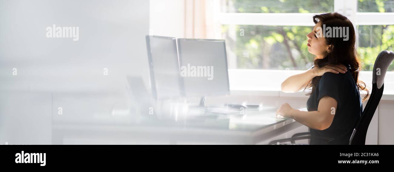 Neck Pain While Working At Computer. Bad Posture Stress Stock Photo Alamy