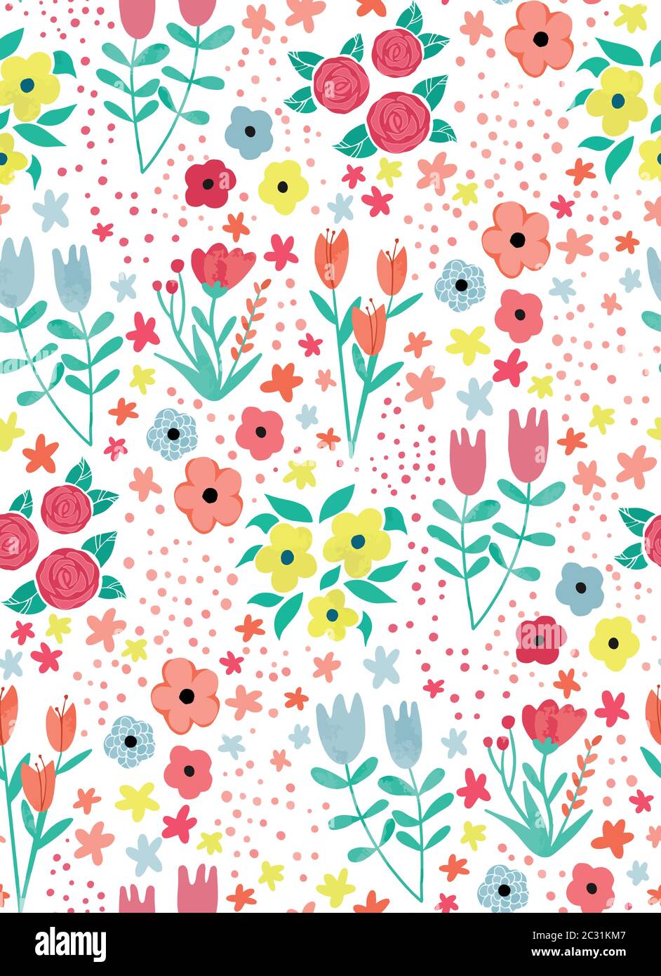 Fun and whimsical seamless floral pattern and background, spring flowers pattern Stock Vector