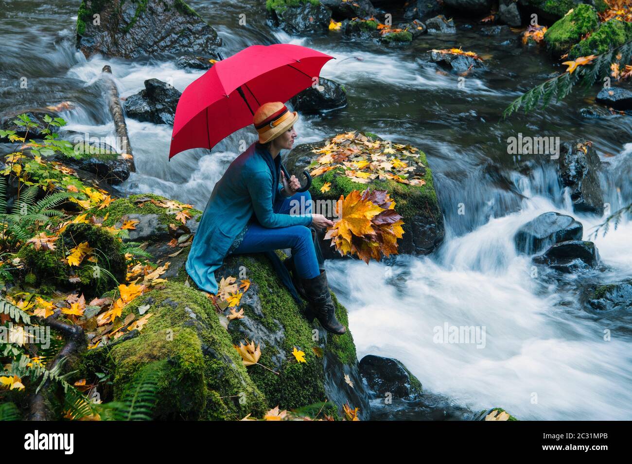 View of woman on rock with bouquet of fall leaves, Rocky Brook Falls, Brinnon, Washington, USA Stock Photo