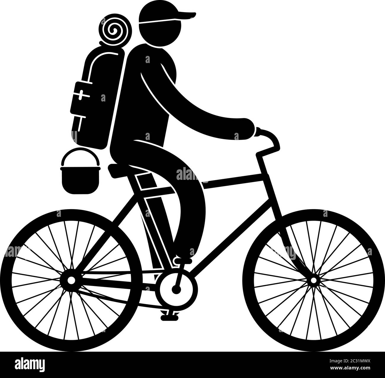 Pictogram tourist with large backpack rides bicycle Stock Vector