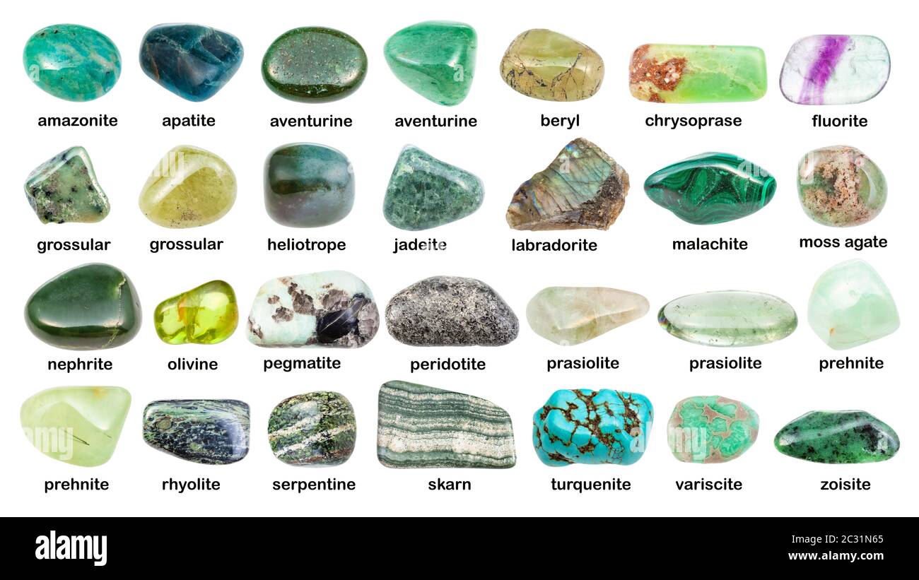 collage of various green gemstones with names (malachite, prehnite, chrysoprase, skarn, grossular, prasiolite, apatite, turquenite, bperidot, jadeite, Stock Photo