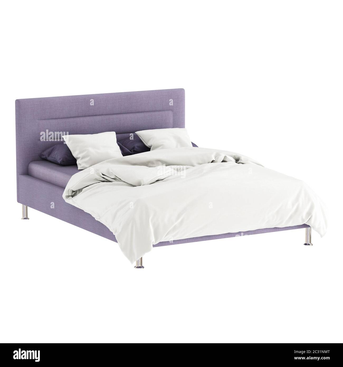 A double bed with soft fabric lilac upholstery and black and white linen on a white background. 3d rendering Stock Photo