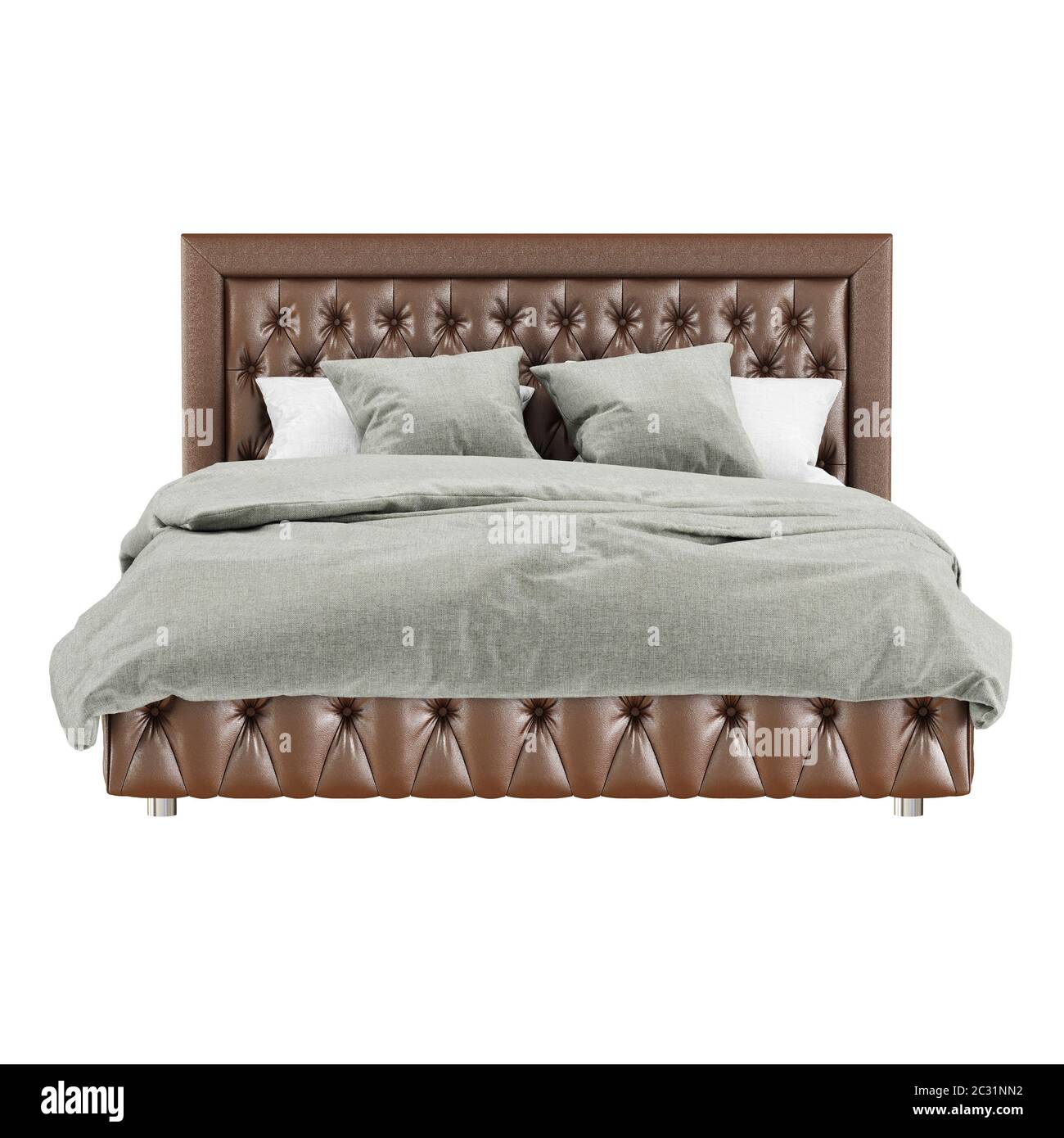 Classicstyle bed with brown quilted leather upholstery and graywhite