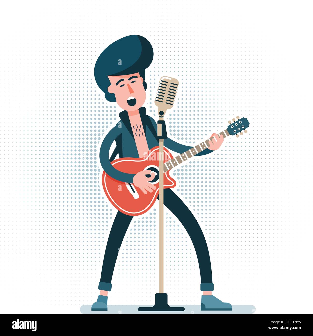 Rock guitarist with an acoustic guitar plays and sings into microphone