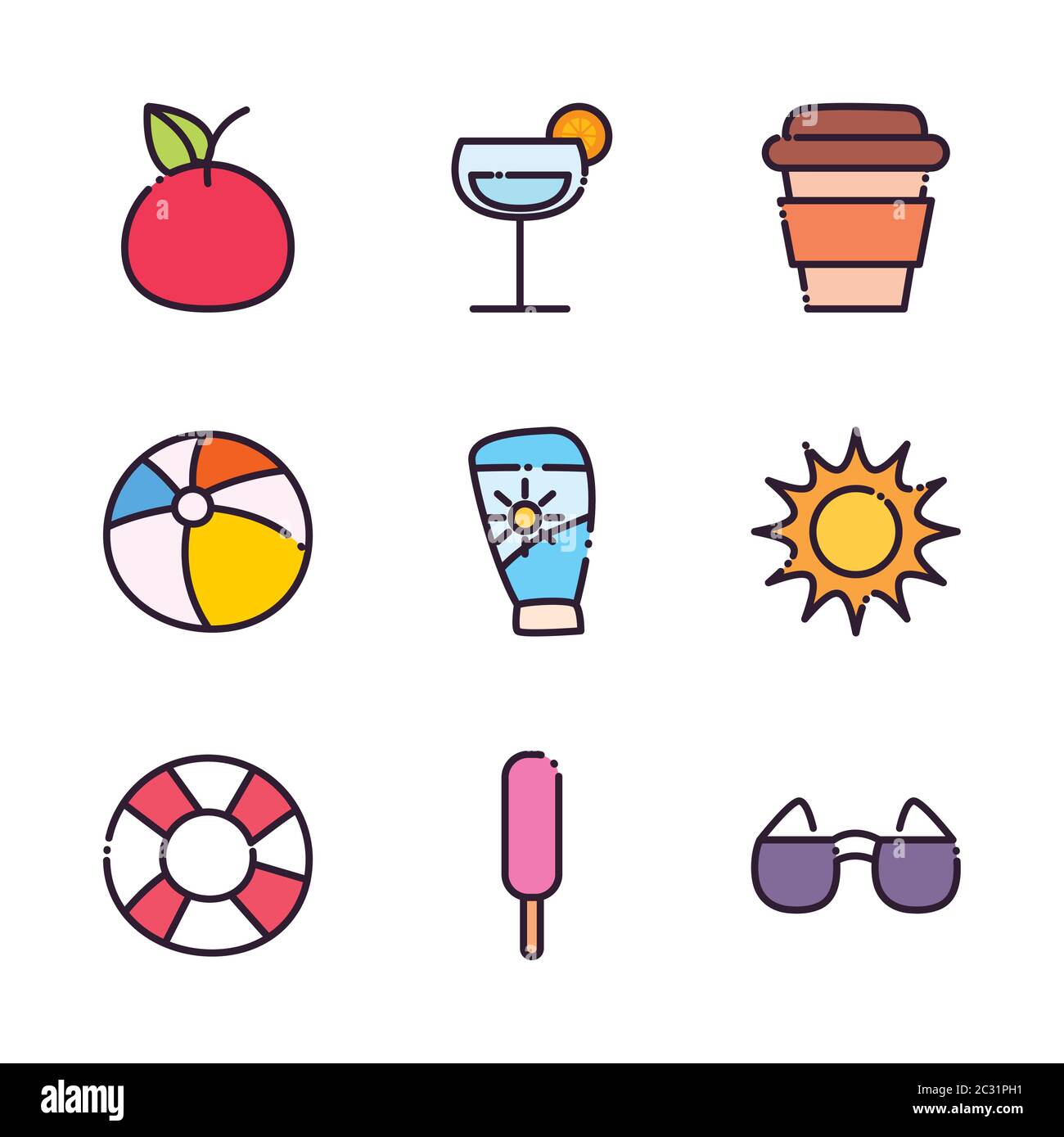 fill and line style icon set design, Summer vacation and tropical theme ...