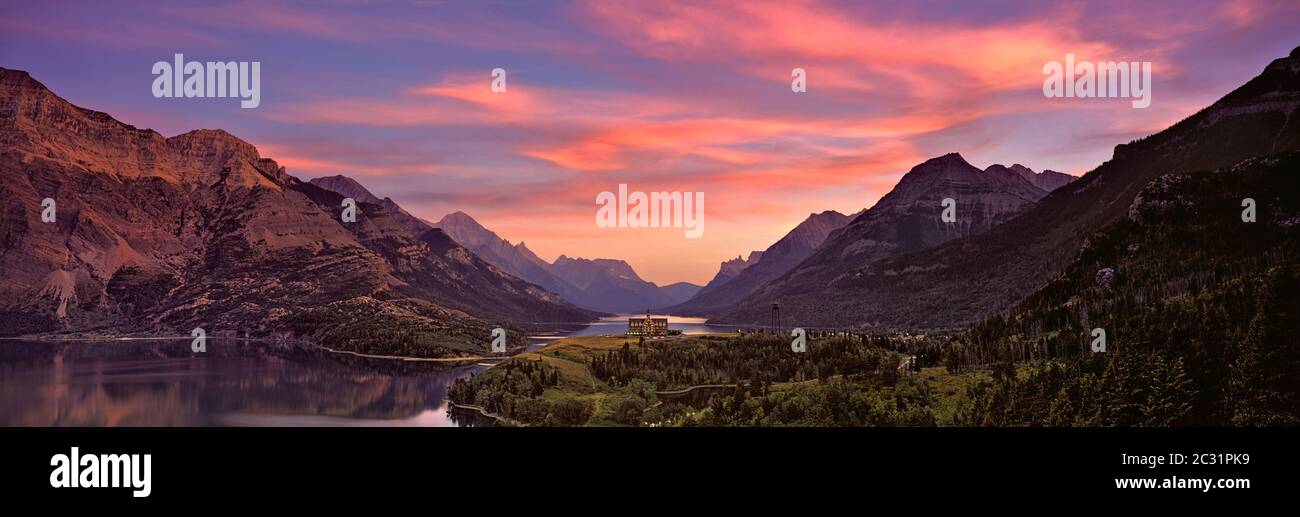 Sunset over Prince of Wales Hotel in Waterton Lakes National Park, Alberta, Canada Stock Photo